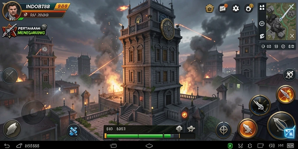 Screenshot gameplay INDOBIT88 yang menunjukkan menara bertahan melawan gelombang musuh.