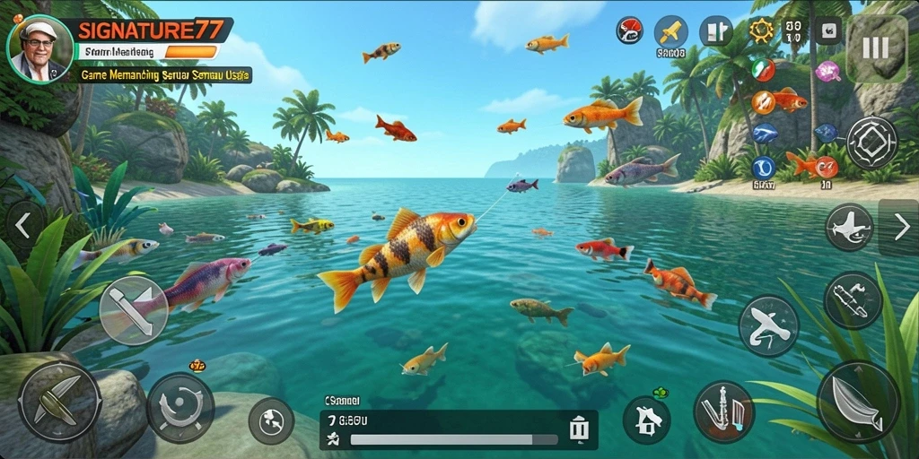 Tampak gameplay <strong>SIGNATURE77</strong> yang seru dengan berbagai jenis ikan dan alat pancing.